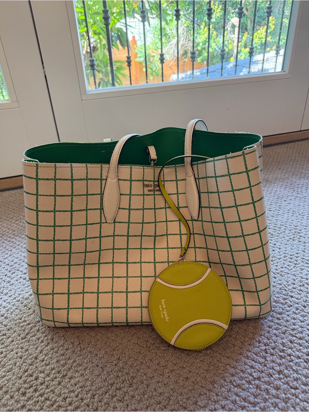 kate spade Beige Canvas Tote with Green Grid Pattern and Detachable Coinpurse
